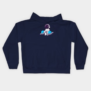 Cute Astronaut Lifting Ufo Barbell Cartoon Kids Hoodie